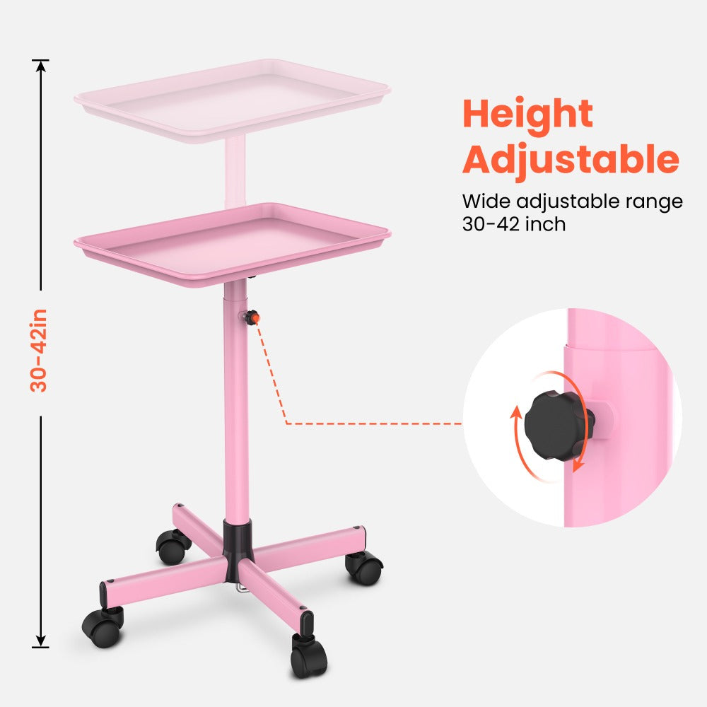 Rolling Salon Tray Cart on Wheels Adjustable Height 17.9x12.8 Inch Mobile Stylist Tray Table for Spa Tattoo Studio Blowdry Bar Aesthetic Clinic Bronze Pink