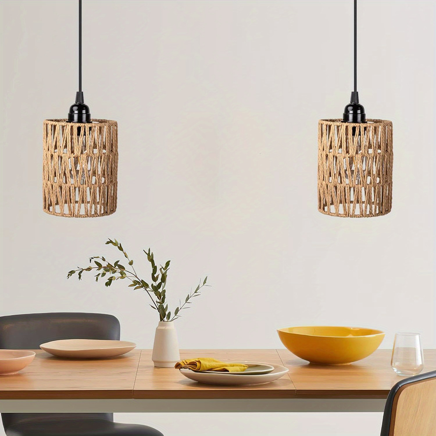 Two-Piece Battery Pendant Light Set with Woven Shades, Remote Controls and Adjustable Hanging Cords