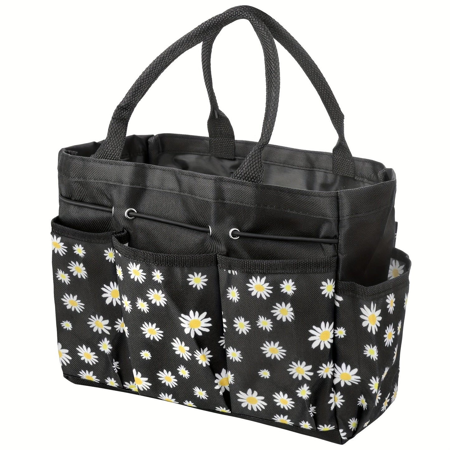 Multi-Pocket Garden Tool Organizer Tote with Daisy Pattern and Black or Gray Checkout Color Options