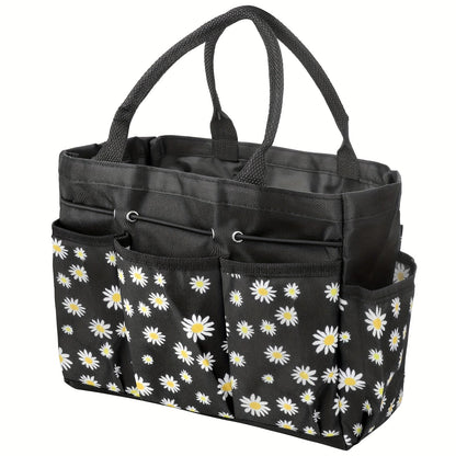 Multi-Pocket Garden Tool Organizer Tote with Daisy Pattern and Black or Gray Checkout Color Options