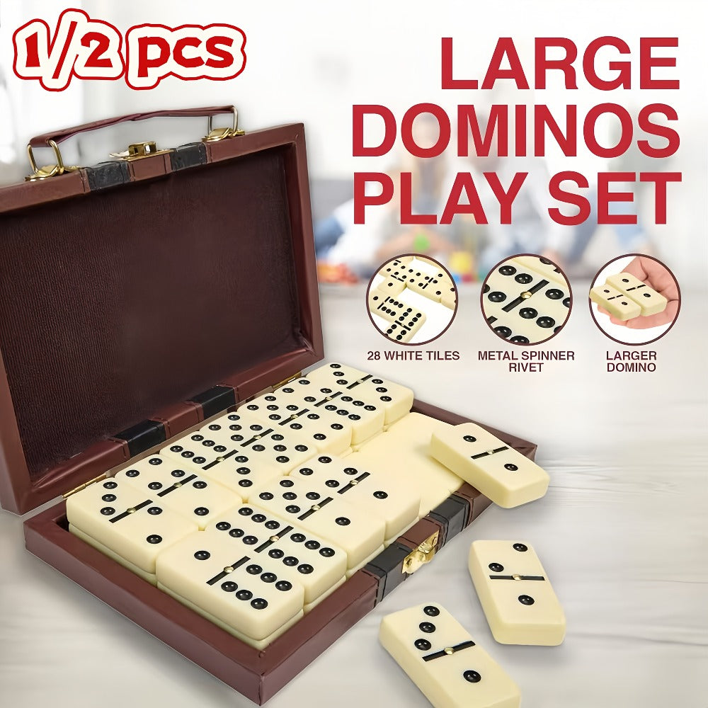 Double-Six Domino Set with 28 Ivory-Style Tiles, Metal Spinners and Brown Storage Case in One or Two Packs