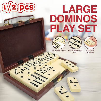 Double-Six Domino Set with 28 Ivory-Style Tiles, Metal Spinners and Brown Storage Case in One or Two Packs