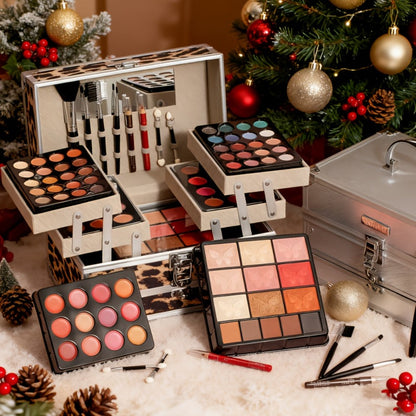 Silvery Makeup Kit Gift Box with Mirror Lipstick Eyeshadow & Blush – Multi-Functional Portable Complete Beauty Cosmetic Set for Teens Beginners Women Multiple Shades