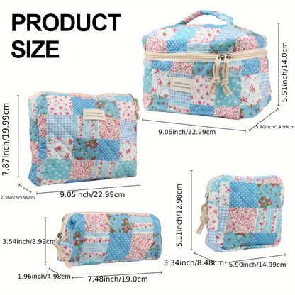 Makeup Bag – Quilted Makeup Bag Set 4-Piece Floral Rose Coquette Aesthetic Premium Cotton Cosmetic Organizer Travel Toiletry Pouch 4…