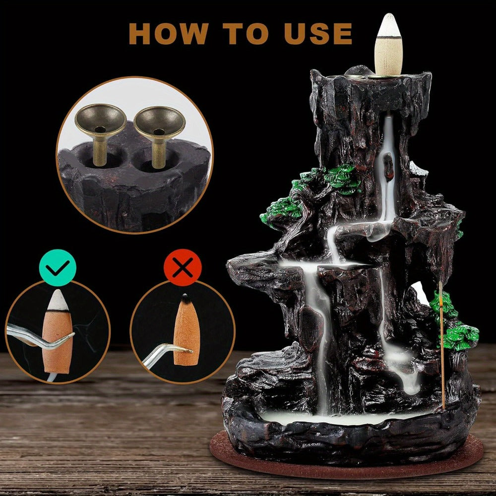 Backflow Incense Burner Waterfall Smoke Effect 2-Side Incense Holder with 120 Backflow Cones 30 Incense Sticks Aromatherapy Ornament for Home Decor Meditation Yoga Relaxation Stress Relief