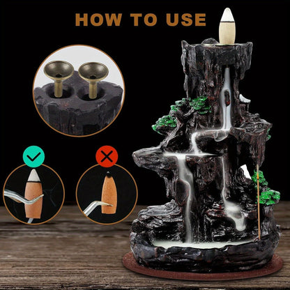 Backflow Incense Burner Waterfall Smoke Effect 2-Side Incense Holder with 120 Backflow Cones 30 Incense Sticks Aromatherapy Ornament for Home Decor Meditation Yoga Relaxation Stress Relief