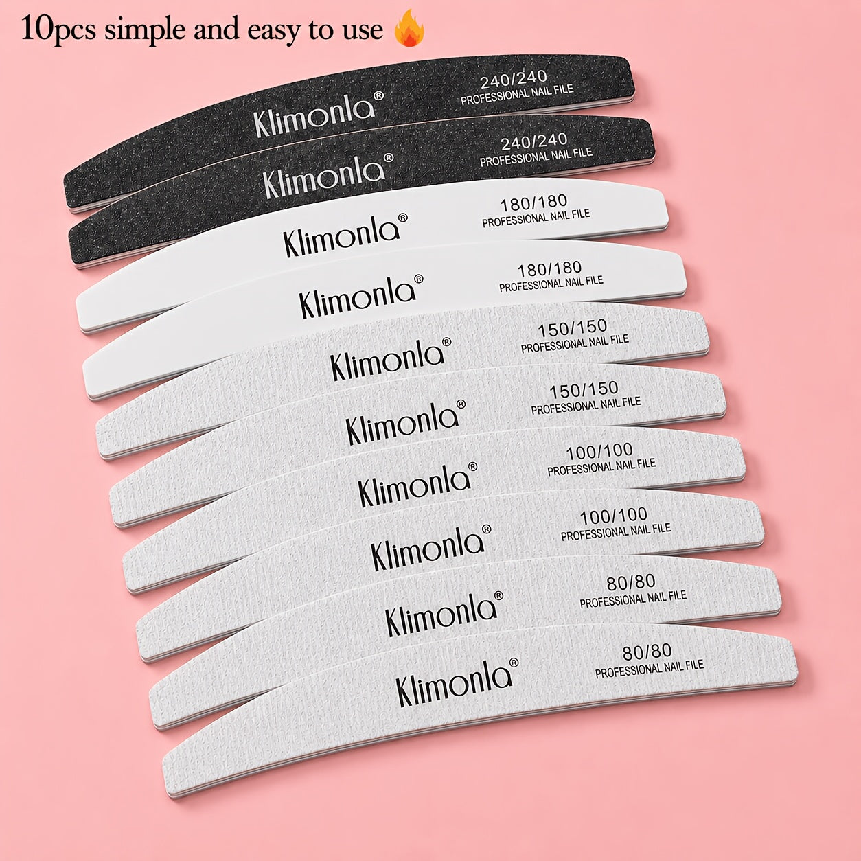 10-Piece Mixed Half-Moon Nail File Set with 80/80, 100/100, 150/150, 180/180 and 240/240 Grit Labels