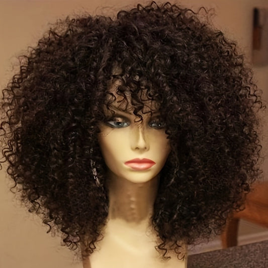 Synthetic Wig 16-Inch Kinky Curly Afro with Bangs in Color 1B and Elastic Cap for Parties and Cosplay