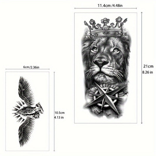 Temporary Tattoos, 32-Sheet Black Animal and Tribal Set with Wolf, Lion, Tiger, Skull and Rose Designs