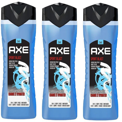 Three-Pack AXE Sport Blast Body Wash with 250ml Blue Flip-Cap Bottles and Matching Front Labels