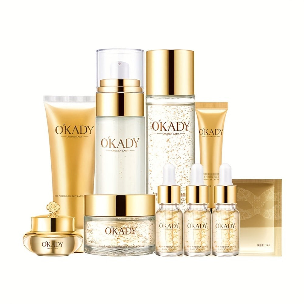 Skincare Set with OKADY Label, 10 Gold-Themed Pieces with Mud Mask Stick and Day Night Product Forms