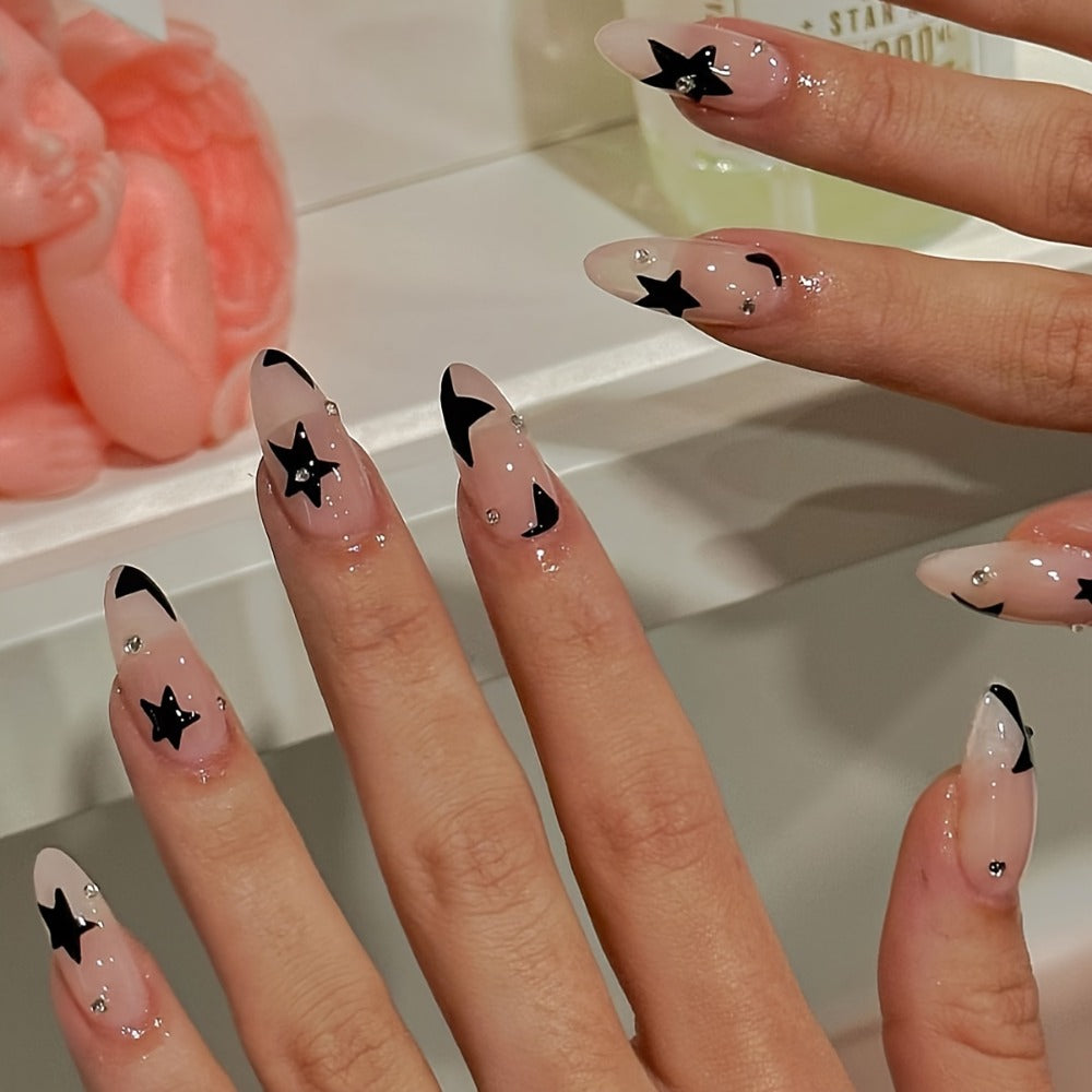 Press On Nails 144-Piece Short Almond Set with Pink Flowers, Rhinestones, Black French Tips and Glue