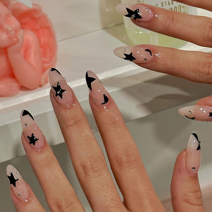 Press On Nails 144-Piece Short Almond Set with Pink Flowers, Rhinestones, Black French Tips and Glue