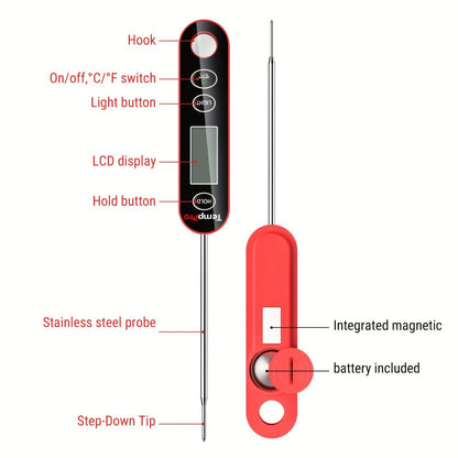 Instant Read Meat Thermometer – TempPro IC6030 Fast 3-Second Digital Kitchen BBQ Thermometer with 4.72" Foldable Probe & Backlit Display