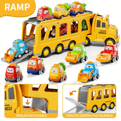 Transport Construction Truck Toy for Boys – 16.9 Inch Large Carrier Truck with 6 Cars, Lights & Sounds, Push & Go Vehicle Playset for Kids Toddlers, Birthday Christmas Gift for Boys Girls