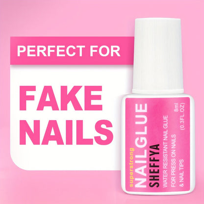 Nail Glue Set, 8ml Brush-On Bottles in 2-, 5- or 10-Piece Options with SHEFFYA Package and EMNAGLUE Bottle Markings