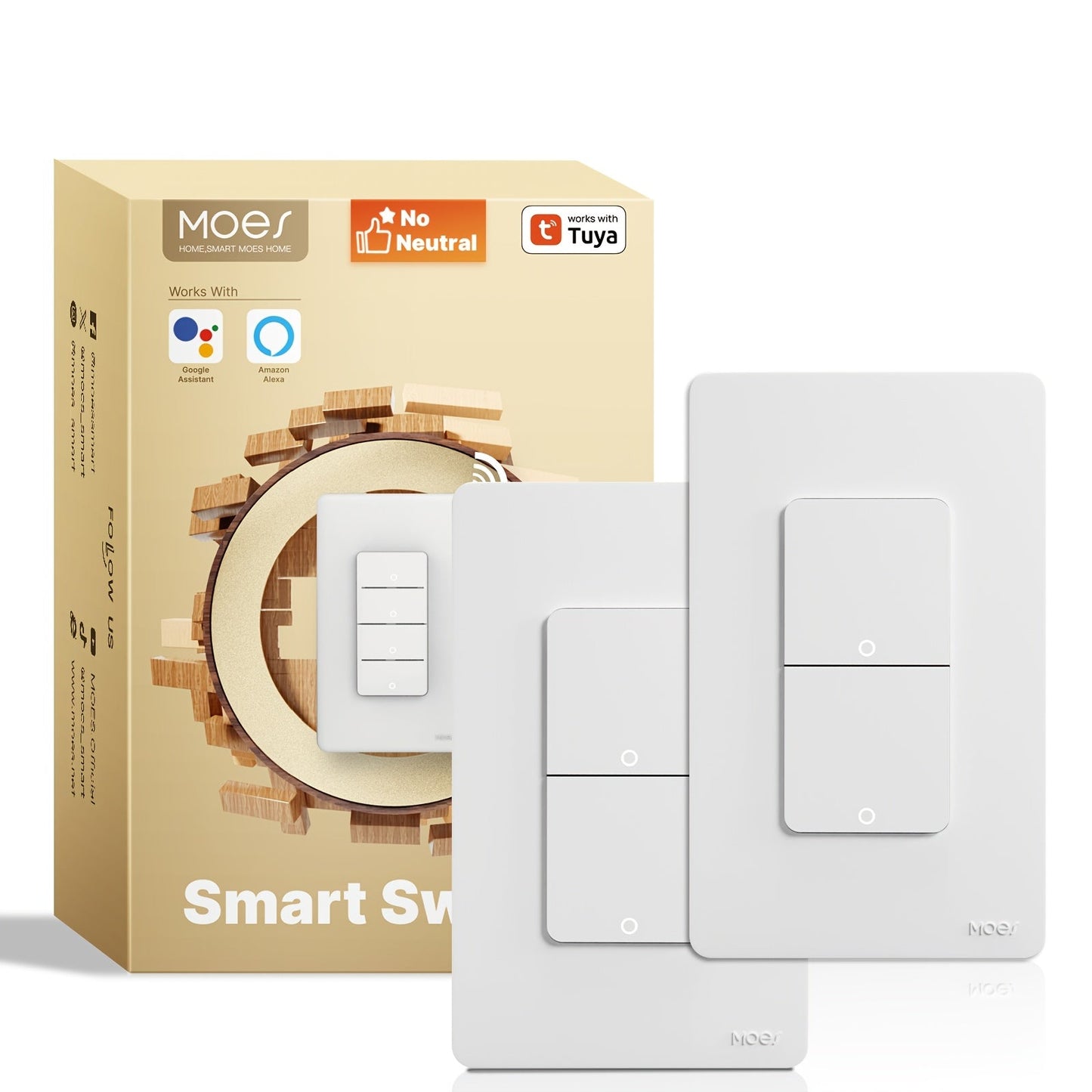 White No-Neutral WiFi Wall Switch Two-Pack with One-, Two-, Three- or Four-Gang Mechanical Button Options