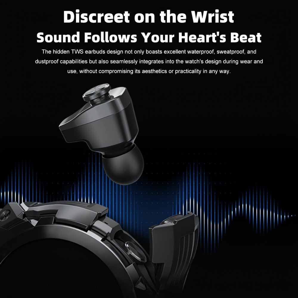2-in-1 Smartwatch with Built-In Earphones 1.46 Inch IPS Touch Screen 100 Sport Modes Outdoor Fitness Tracker Heart Rate Blood Oxygen Sleep Monitor Weather Alarm Remote Control iPhone Android Compatible Extra Strap Included