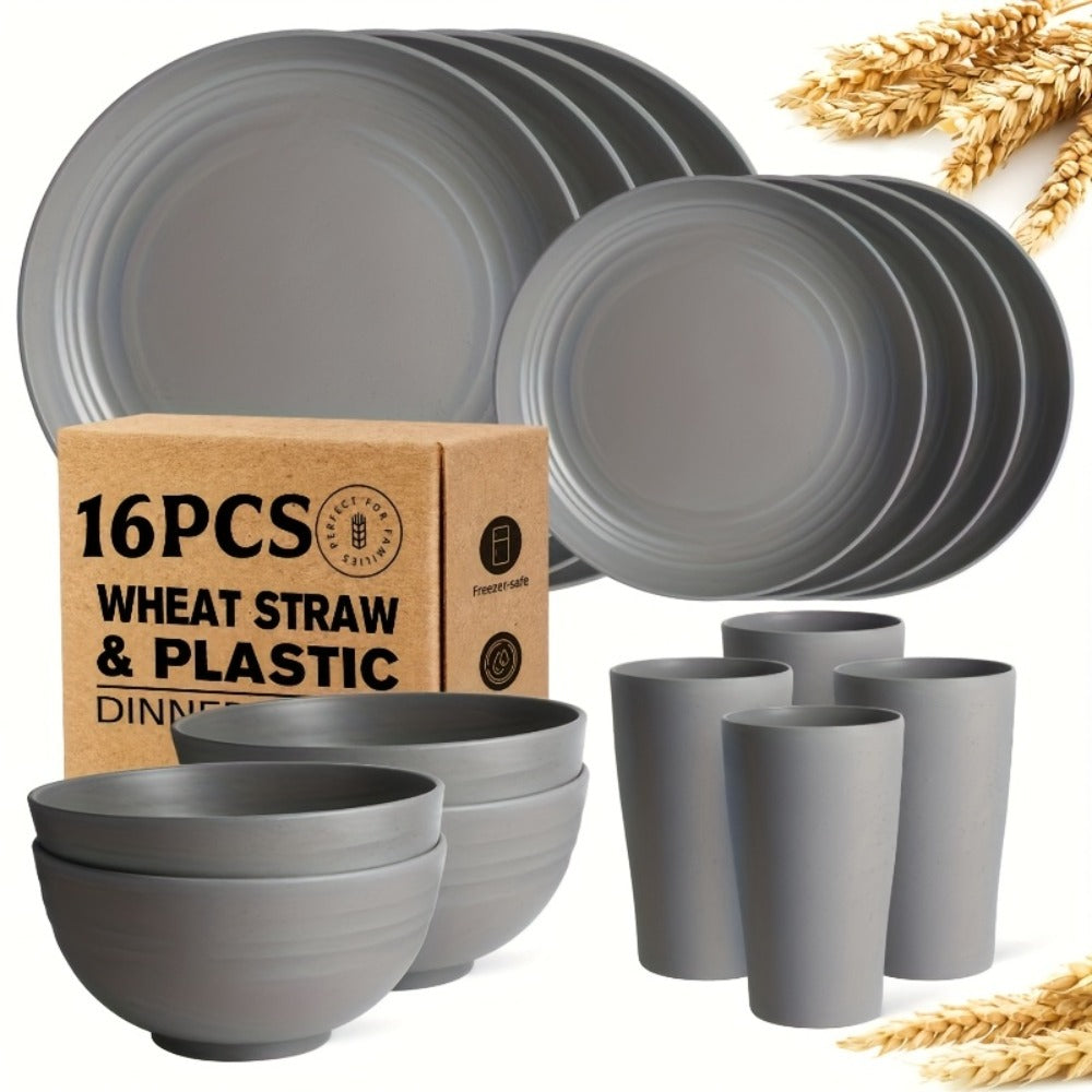 Wheat Straw Dinnerware Set 16 or 32 Piece – Plates & Bowls for 4 or 8 People, Microwave & Dishwasher Safe Plastic Dish Set, Lightweight Colorful Tableware for Home, Party & Holiday