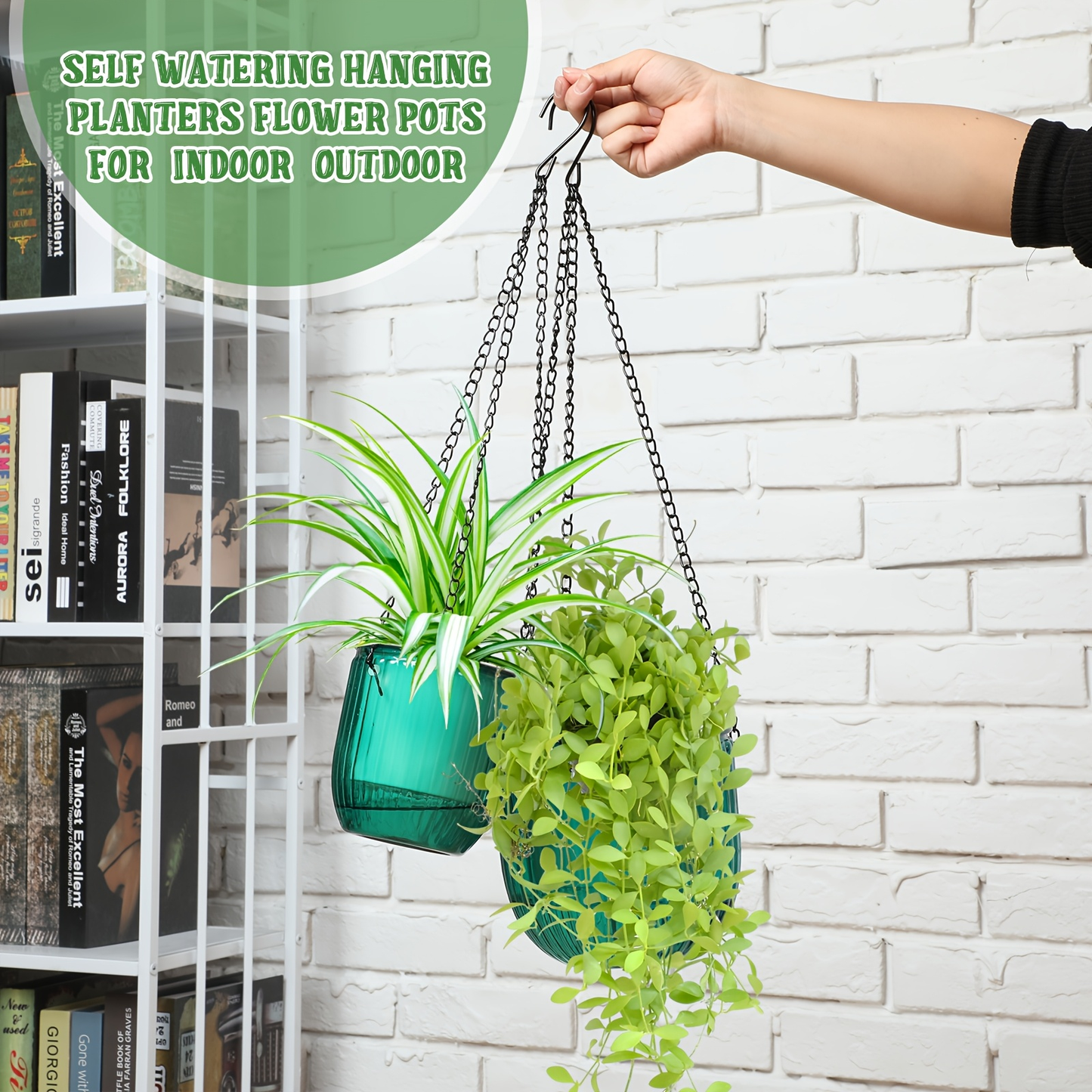 Four-Piece Self-Watering Hanging Planter Set with 6.5- and 4.5-Inch Pots, Hooks and Drainage Openings