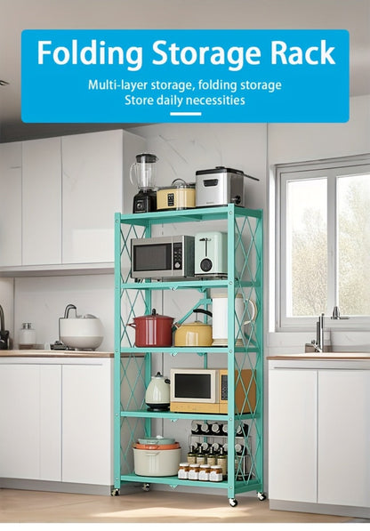 Foldable Storage Rack with Lockable Wheels 3 4 5 Tier Carbon Steel No Assembly Space Saving Floor Standing Shelf for Bedroom Balcony Garden