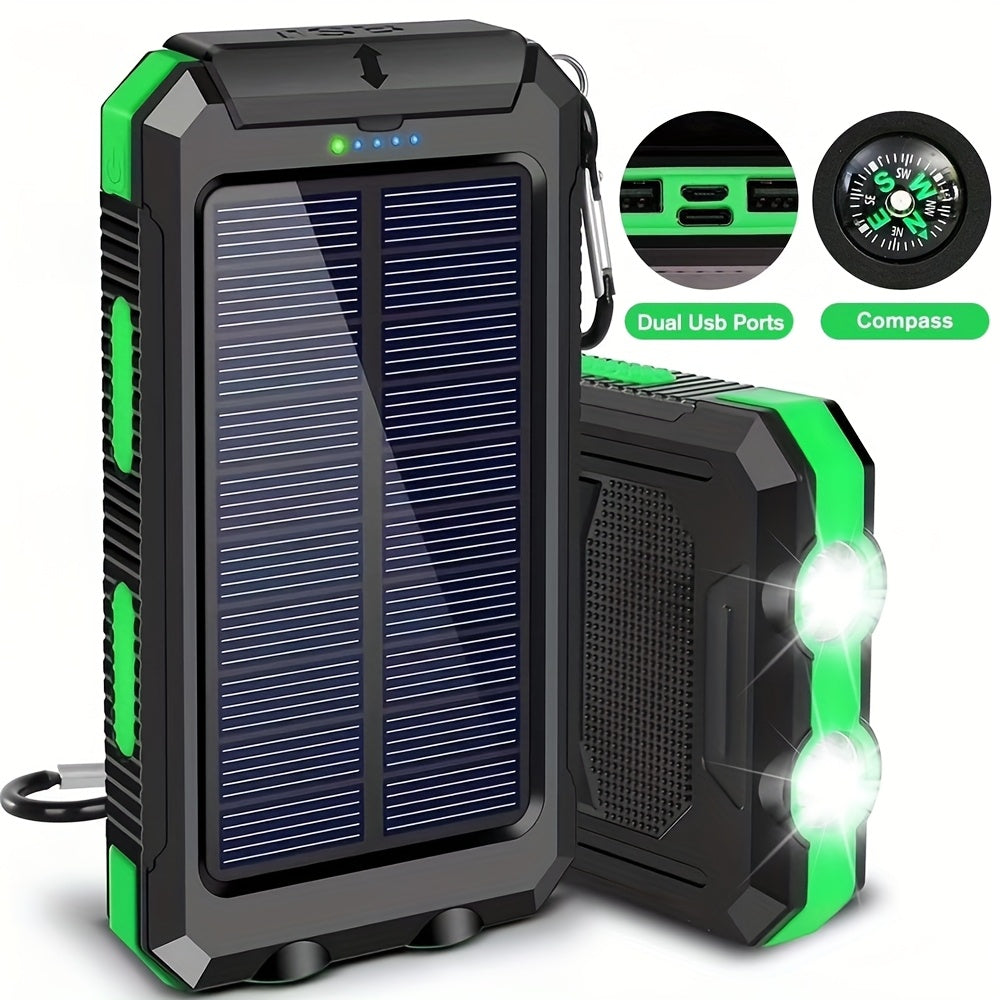 Solar Power Bank, 29800mAh Dual-USB 5V Charger with Solar Panel, Dual LED Flashlight, Compass and Eight Color Options