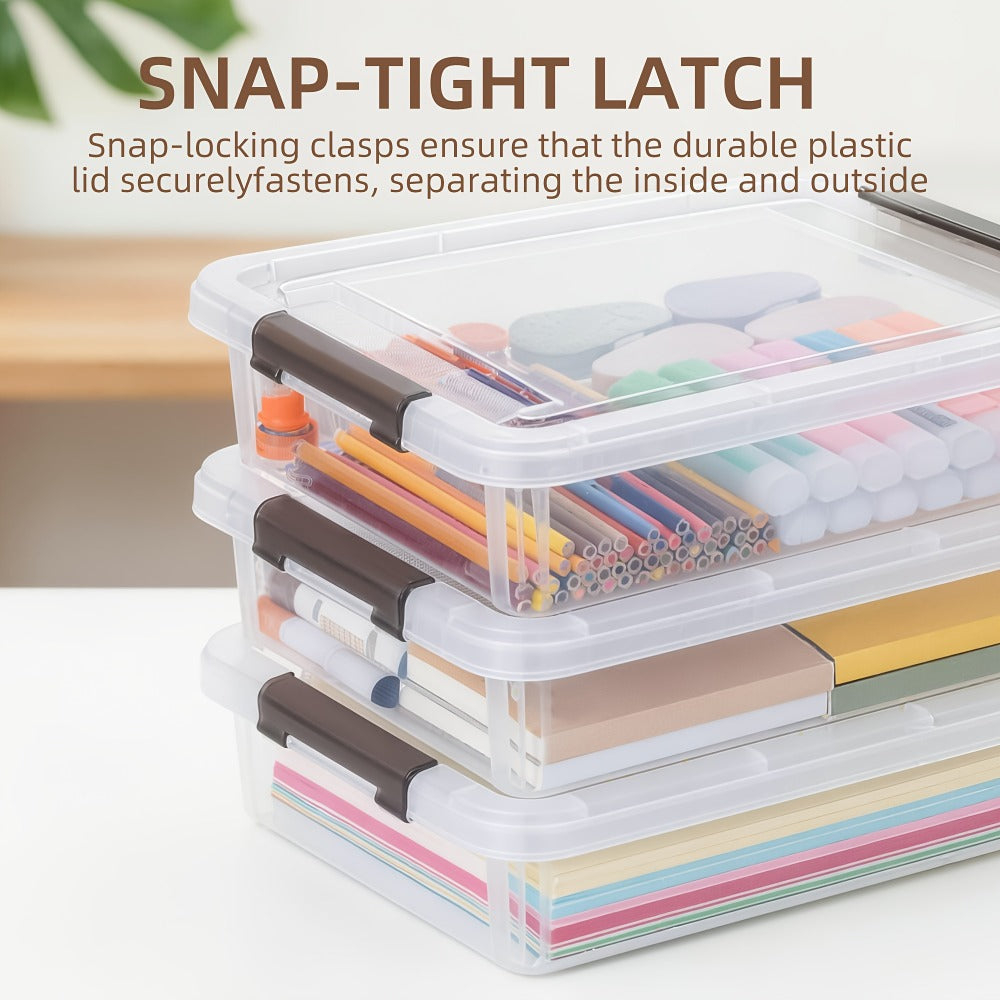Five-Piece Clear Storage Box Set with Latching Lids, Stackable Low-Profile Design and 13.58-Inch Length