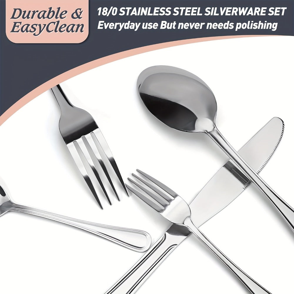Stainless Steel Flatware Cutlery Set – Mirror Polished, Dishwasher Safe, Silver & Black Options, Service for 4 / 8 / 12 – Kitchen Utensil Set for Home, Restaurant & Wedding Gift