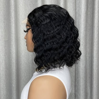 Lace Front Wig Deep-Wave Human Hair Bob, 12-Inch 1B or Natural Black with 4x4 Closure and 22.5-Inch Cap
