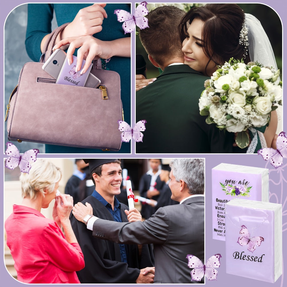One-Hundred-Pack Purple Floral Pocket Tissue Set with Seven Three-Ply Sheets in Each Travel Pack