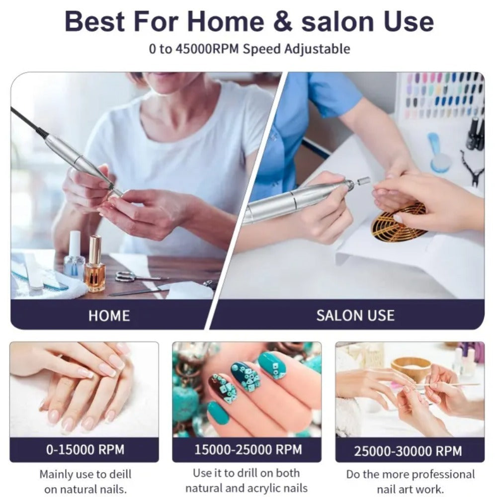 Nail Drill 45000 RPM LCD Display Adjustable Speed Cordless Electric Nail File Low Noise Manicure Machine Buffing Polishing Tool Set for Salon Home Women Nail Techs Pink White Purple