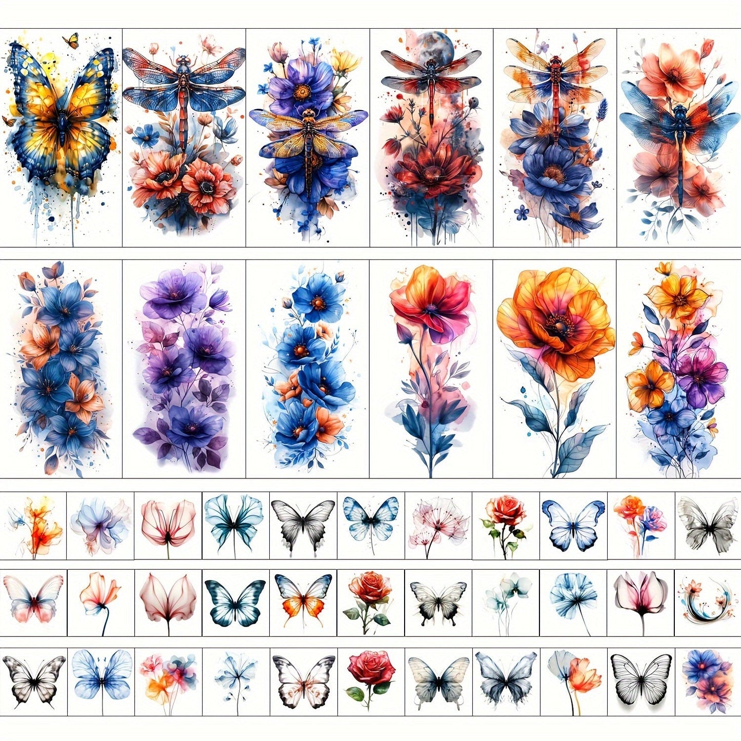 Temporary Tattoos GLARYYEARS 45-Sheet Watercolor Floral Set with 12 Large and 33 Small Designs for Arm, Wrist and Shoulder