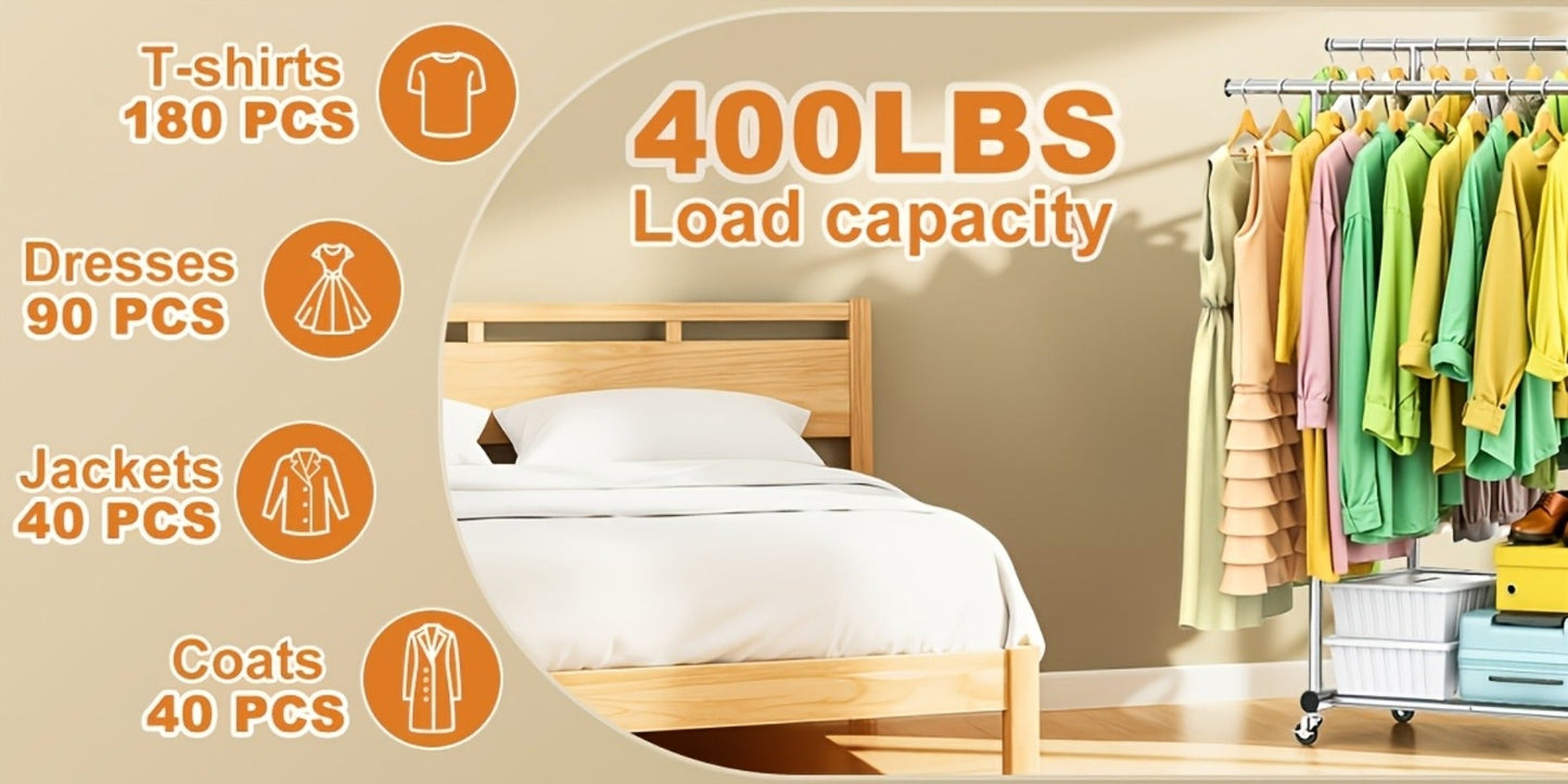 Portable Clothes Rack with Wheels – Heavy Duty Double Rod Garment Rack with Shelves & Hooks | Metal Rolling Clothing Rack for Hanging Clothes | Multi-Functional Closet Rack for Bedroom & Laundry Room