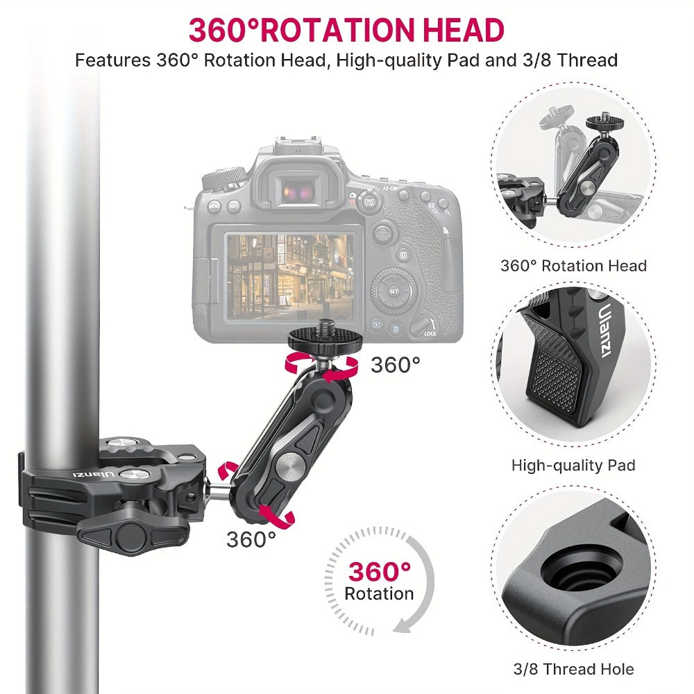 ULANZI Super Clamp 360° Ballhead Magic Arm Double Ball Head Camera Mount with 1/4"-20 & 3/8"-16 Thread for Canon Nikon DSLR, Action Camera, LED Lights, DJI Ronin & Freefly MOVI