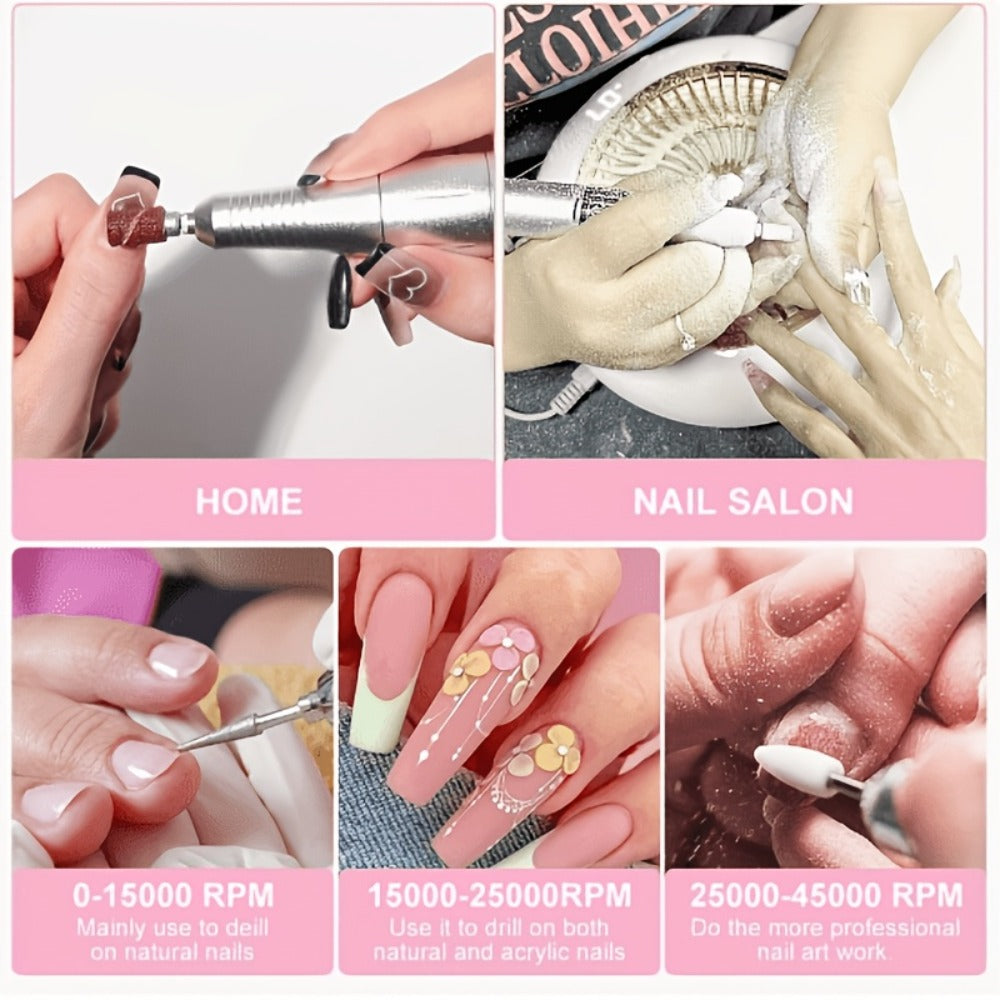 Electric Nail Drill 45000 RPM Rechargeable Kit with Bits, Sanding Bands and Three Model Color Options