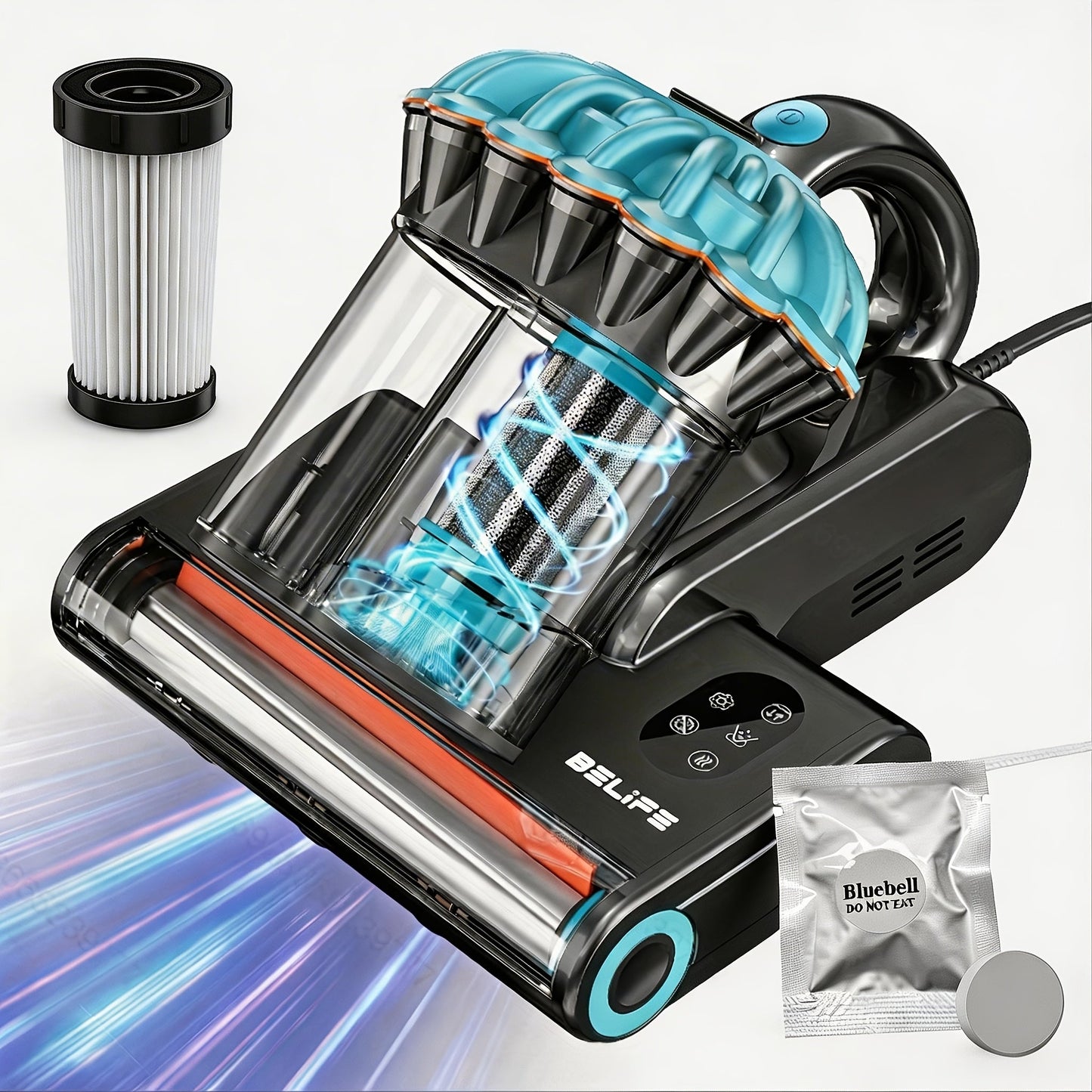 Corded Mattress Vacuum Cleaner with 550W 20000Pa Labels, Blue Trim, Dual Cyclone Cups and Filter