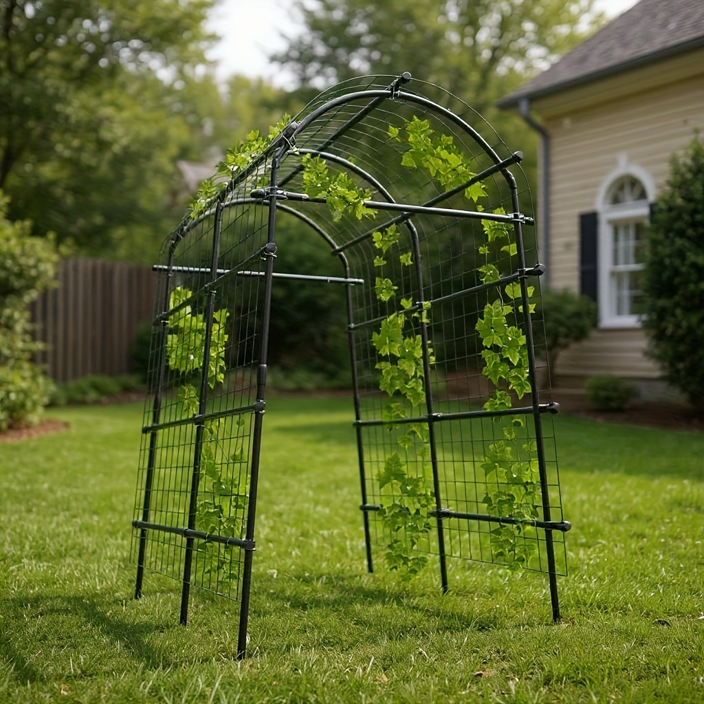 7.5-Foot Garden Arch Trellis with Metal Grid Panels, Seven Horizontal Pipes and Black Frame