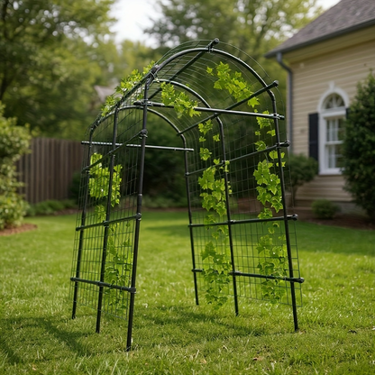 7.5-Foot Garden Arch Trellis with Metal Grid Panels, Seven Horizontal Pipes and Black Frame