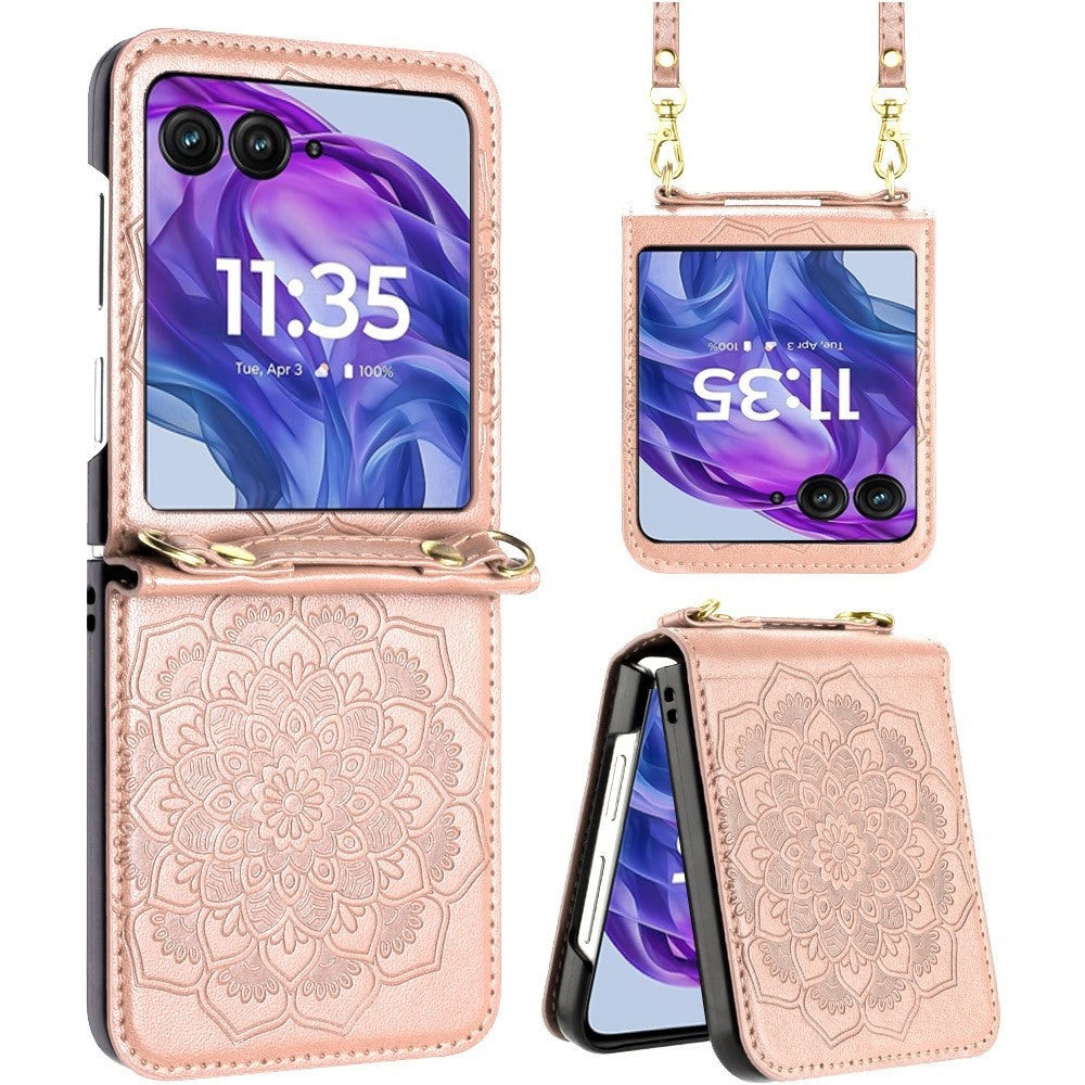 Phone Case Floral PU Leather Cover with Detachable Crossbody Lanyard for Motorola Razr and Razr Plus 2024