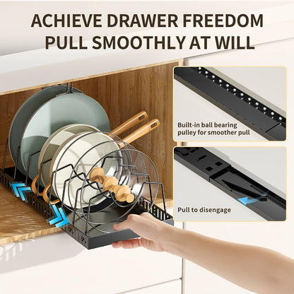 Pull-Out Pot and Pan Organizer with Sliding Cabinet Base, Eight Adjustable Dividers and One- or Two-Pack Options