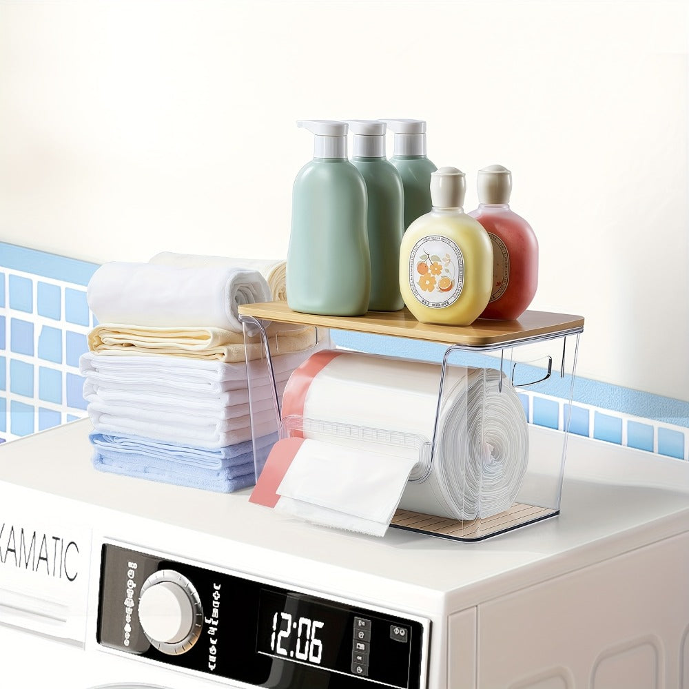 Clear Stackable Trash Bag Roll Dispenser with Bamboo Lid and One-, Two- or Four-Pack Options
