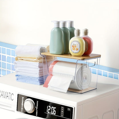 Clear Stackable Trash Bag Roll Dispenser with Bamboo Lid and One-, Two- or Four-Pack Options