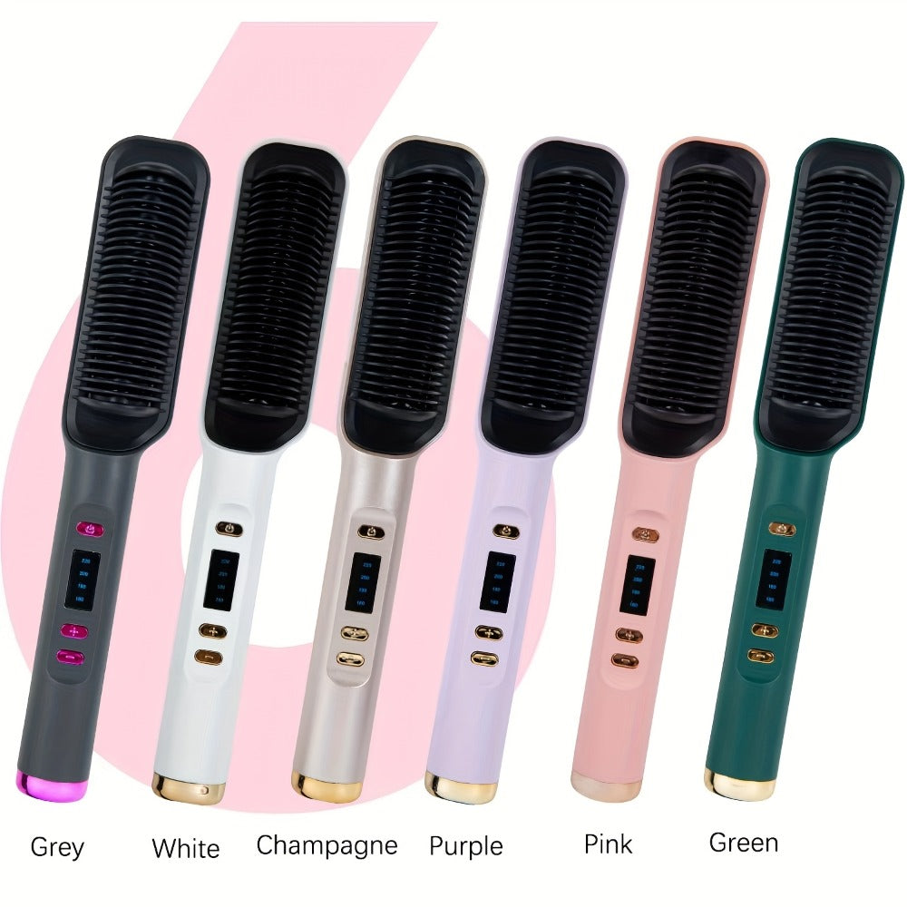 Four-Color Electric Hair Straightener Brush with Digital Display, Temperature Buttons and 10.6-Inch Body