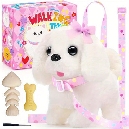 Plush Toy – White Electronic Puppy with Walking, Barking, Tail-Wagging Action, Leash and Bow