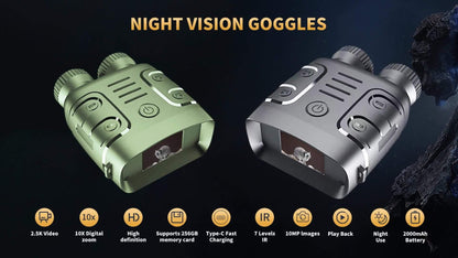 Infrared Night Vision Goggles HD 2.5K with 10X Zoom & CMOS Sensor – Full-Dark Visibility Binocular Scope for Hunting, Boating & Outdoor Adventures, Photo & Video Capture, Battery Powered