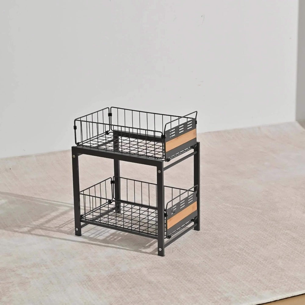 Two-Tier Pull-Out Cabinet Organizer with Dual Wire Baskets, 17.71 x 13.98 x 10.24 Inch Frame in Black or White