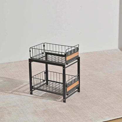 Two-Tier Pull-Out Cabinet Organizer with Dual Wire Baskets, 17.71 x 13.98 x 10.24 Inch Frame in Black or White