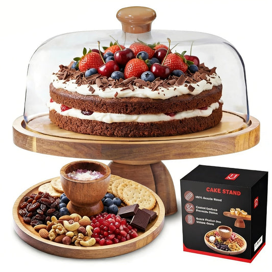 Cake Stand with Acrylic Dome Lid – Acacia Wood Serving Platter 2-in-1 Round Shatterproof Dessert Display Tray for Cheese Charcuterie Fruit Veggie Chips Party Table Centerpiece Holiday Gift