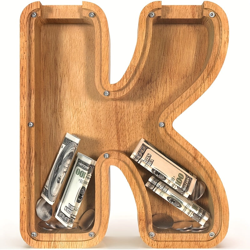 Wooden Alphabet Letter Coin Bank with Clear Front Panel and 23 Fixed Initial Options for Display