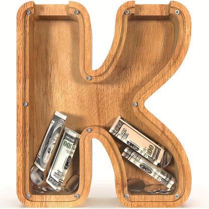 Wooden Alphabet Letter Coin Bank with Clear Front Panel and 23 Fixed Initial Options for Display